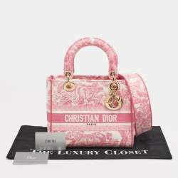 Pre Owned حقيبة يد ديور ليدي دي-لايت توال دو جوي مطرزة قماش وردي/أبيض متوسطة