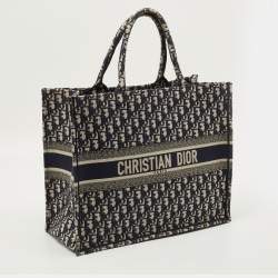 Pre Owned حقيبة يد ديور كبيرة كنفاس مطرز شعار الماركة أزرق كحلي