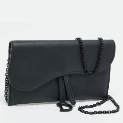 Pre Owned محفظة بسلسلة ديور سادل جلد أزرق حجري