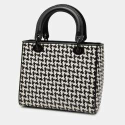 Pre Owned Dior Black White Medium Calfskin Woven Houndstooth Lady Dior