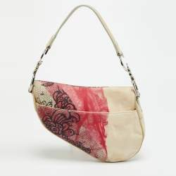 مملوكة مسبقًا حقيبة ديور سادل قماش مطبوع أبيض/أحمر إصدار محدود ٢٠٣