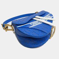 Pre Owned حقيبة ديور سرج مثقبة جلد عجل أزرق/أبيض متوسطة