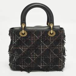 Pre Owned حقيبة يد ديور ليدي ديور متوسطة شرابة خرزية جلد كاناج أسود