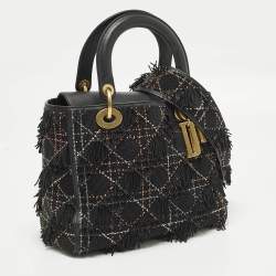 Pre Owned حقيبة يد ديور ليدي ديور متوسطة شرابة خرزية جلد كاناج أسود