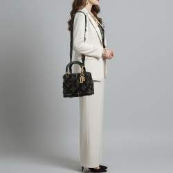 Pre Owned حقيبة يد ديور ليدي ديور متوسطة شرابة خرزية جلد كاناج أسود