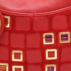 Pre Owned Dior 61 Crystal Embellished Red Leather and Suede Hobo