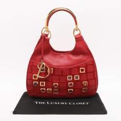 Pre Owned Dior 61 Crystal Embellished Red Leather and Suede Hobo