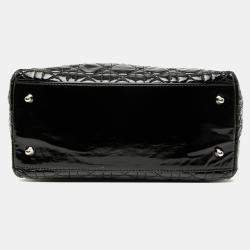 مملوكة مسبقًا حقيبة تسوق ديور سوفت ليدي ديور كاناج جلد لامع أسود متوسطة