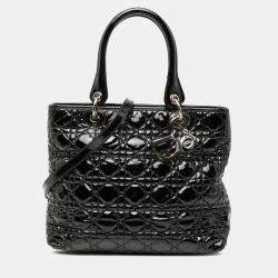 مملوكة مسبقًا حقيبة تسوق ديور سوفت ليدي ديور كاناج جلد لامع أسود متوسطة