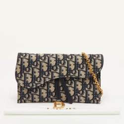 مملوكة مسبقًا Dior Saddle Navy Blue Oblique Canvas and Leather Wallet On Chain