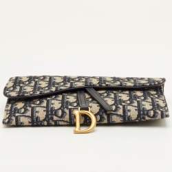 مملوكة مسبقًا Dior Saddle Navy Blue Oblique Canvas and Leather Wallet On Chain