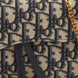 مملوكة مسبقًا Dior Saddle Navy Blue Oblique Canvas and Leather Wallet On Chain