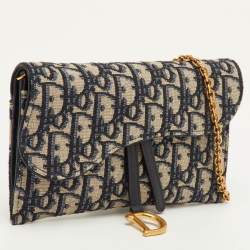 مملوكة مسبقًا Dior Saddle Navy Blue Oblique Canvas and Leather Wallet On Chain