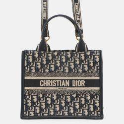 Pre Owned Dior Oblique Embroidery Book Tote Navy Canvas Calf Leather Size Small