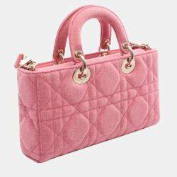 Pre Owned Christian Dior Dior Lady D-Joy Medium Cannage Handbag Denim Pink