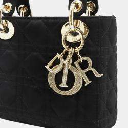 Pre Owned Christian Dior Cannage Lady Mini 2-Way Hand/Shoulder Bag In Rhinestone Satin And Leather Black