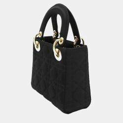 Pre Owned Christian Dior Cannage Lady Mini 2-Way Hand/Shoulder Bag In Rhinestone Satin And Leather Black