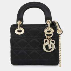 Pre Owned Christian Dior Cannage Lady Mini 2-Way Hand/Shoulder Bag In Rhinestone Satin And Leather Black