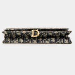 Pre Owned Dior Blue Oblique Canvas Saddle Wallet On Chain