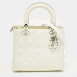 Pre Owned Dior Lady Dior Medium Off White Cannage Patent Leather Tote
