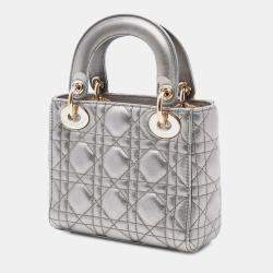 Pre Owned Dior Silver Mini Metallic Lambskin Cannage Lady Dior
