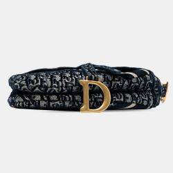 Pre Owned Dior Blue Oblique Embroidered Velvet Saddle Bag