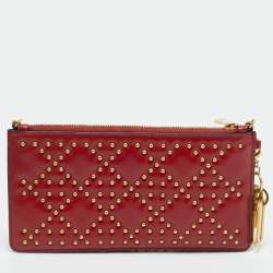 مملوكة مسبقًا محفظة بسلسلة ديور ليدي ديور جلد كاناج مزركش أحمر