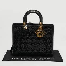 Pre Owned Dior Lady Dior Large Black Cannage Patent Leather Tote