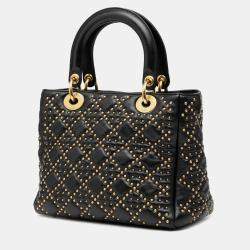 Pre Owned حقيبة ليدي ديور ديور متوسطة من جلد الغنم الأسود المرصعة بالمسامير كاناج