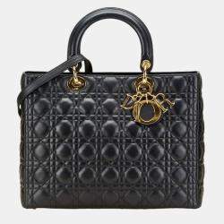 Pre Owned Christian Dior Dior Cannage Lady Large Handbag/Shoulder Bag Black Lambskin