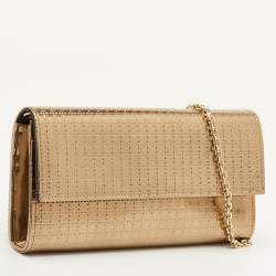 Pre Owned Dior Lady Dior Croisiere Gold Microcannage Patent Leather Wallet On Chain