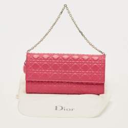 Pre Owned Dior Lady Dior Pink/Orange Cannage Coated Leather Wallet On Chain