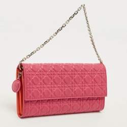 Pre Owned Dior Lady Dior Pink/Orange Cannage Coated Leather Wallet On Chain