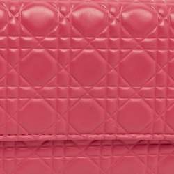 Pre Owned Dior Lady Dior Pink/Orange Cannage Coated Leather Wallet On Chain