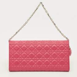 Pre Owned Dior Lady Dior Pink/Orange Cannage Coated Leather Wallet On Chain
