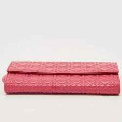 Pre Owned Dior Lady Dior Pink/Orange Cannage Coated Leather Wallet On Chain