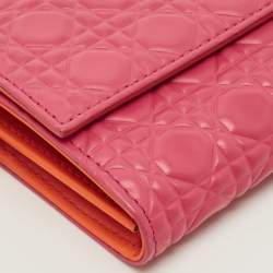 Pre Owned Dior Lady Dior Pink/Orange Cannage Coated Leather Wallet On Chain