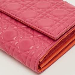 Pre Owned Dior Lady Dior Pink/Orange Cannage Coated Leather Wallet On Chain