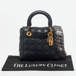 مملوكة مسبقًا حقيبة يد توتس ديور ليدي ديور مرنة جلد كاناج أزرق داكن متوسطة