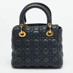 مملوكة مسبقًا حقيبة يد توتس ديور ليدي ديور مرنة جلد كاناج أزرق داكن متوسطة