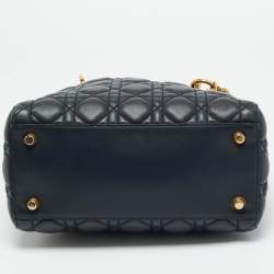 مملوكة مسبقًا حقيبة يد توتس ديور ليدي ديور مرنة جلد كاناج أزرق داكن متوسطة