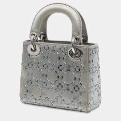 Pre Owned Dior Grey Mini Satin Cannage Strass Crystal Embellished Lady Dior