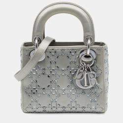 Pre Owned Dior Grey Mini Satin Cannage Strass Crystal Embellished Lady Dior