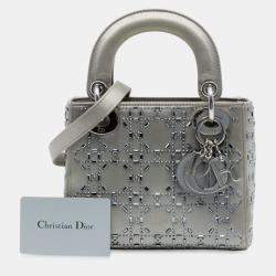 Pre Owned Dior Grey Mini Satin Cannage Strass Crystal Embellished Lady Dior