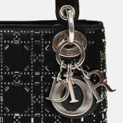 Pre Owned حقيبة كريستيان ديور ليدي ديور صغيرة 2019 ساتان سوداء مزينة بالكريستال مع حزام