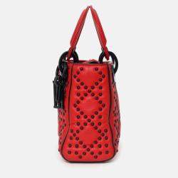 Pre Owned Christian Dior 2018 Red Studded Lambskin Cannage Supple Mini Lady Dior