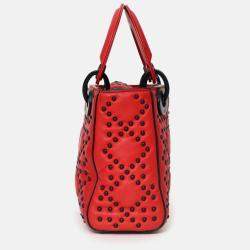 Pre Owned Christian Dior 2018 Red Studded Lambskin Cannage Supple Mini Lady Dior