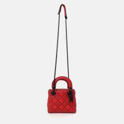 Pre Owned Christian Dior 2018 Red Studded Lambskin Cannage Supple Mini Lady Dior
