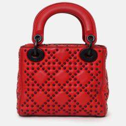 Pre Owned Christian Dior 2018 Red Studded Lambskin Cannage Supple Mini Lady Dior