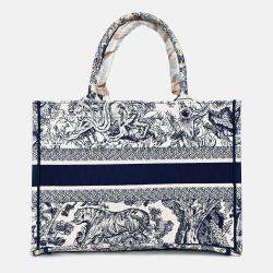 Pre Owned Christian Dior 2021 Navy/White Toile de Jouy Embroidered Medium Book Tote